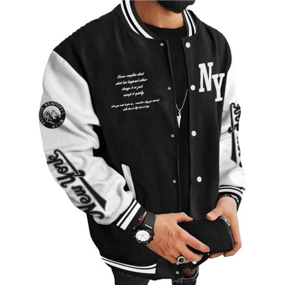 Men's Varsity Jacket Color Block Letter Graphic Long Sleeve Baseball